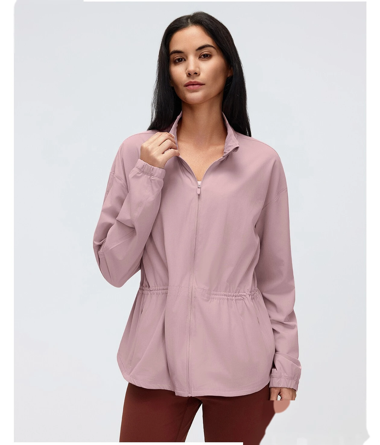 Custom Women’s Stand Collar Sports Jacket Slim Waist Loose Fit Workout Yoga Running Outerwear detail