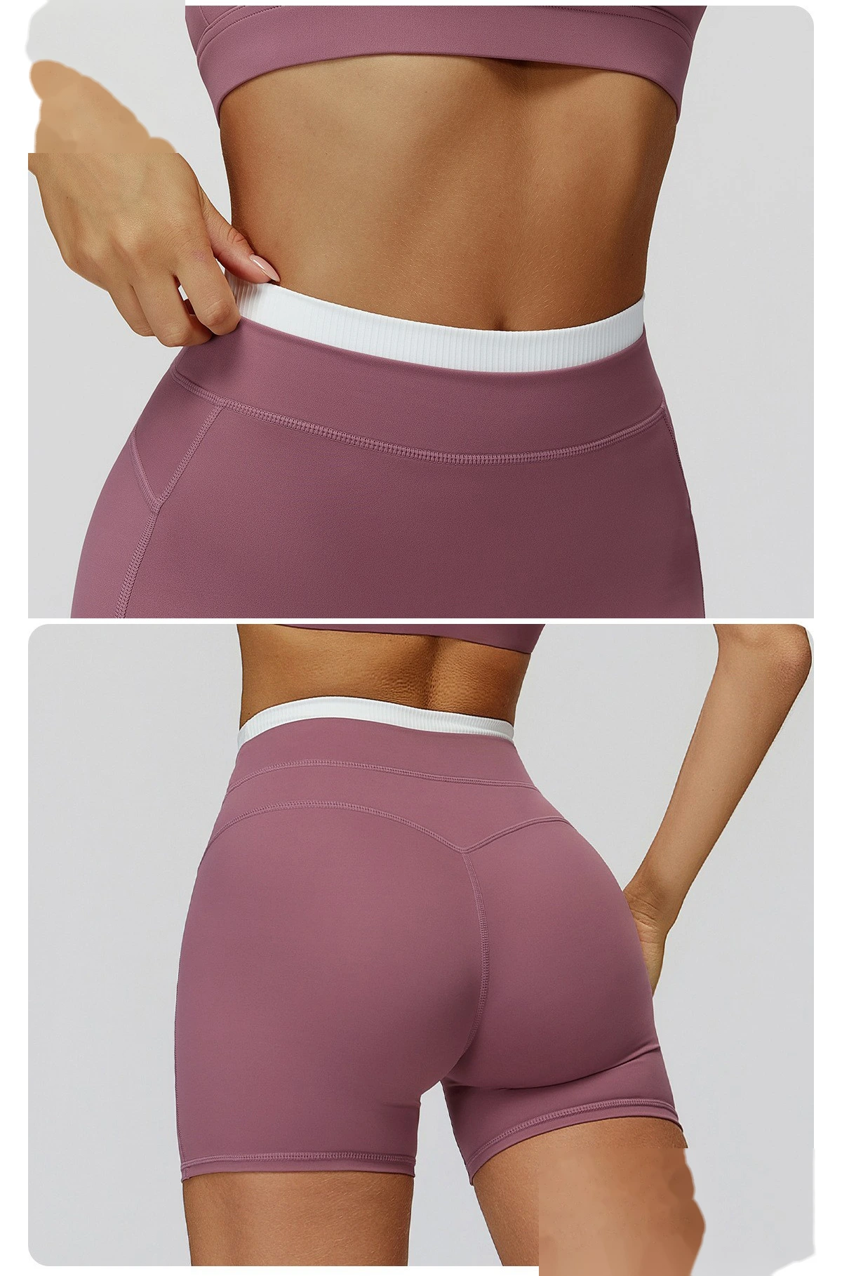 Customizable Naked-Feel Sports Shorts | Women's Contrast Ribbed High-Waist, Tight-Fit Yoga & Running Style detail