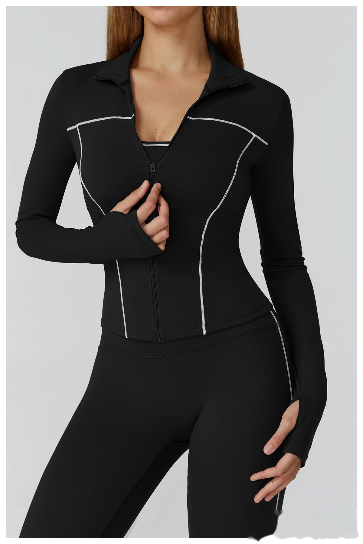 Custom contrast sanding yoga jacket zipper windproof slim coat outdoor sports running fitness clothes women detail