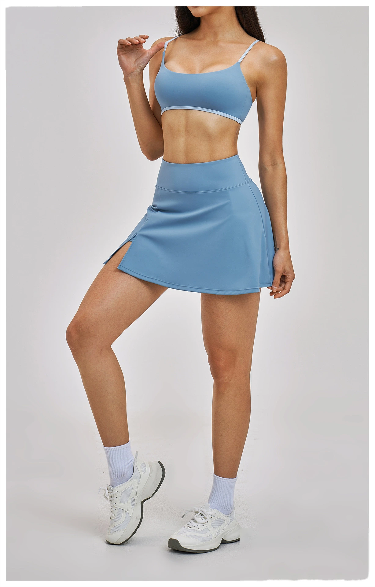 Custom Women’s Thin Shoulder Strap Beauty Back Sports Bra Fake Two Piece Tennis Skort Yoga Fitness Set detail