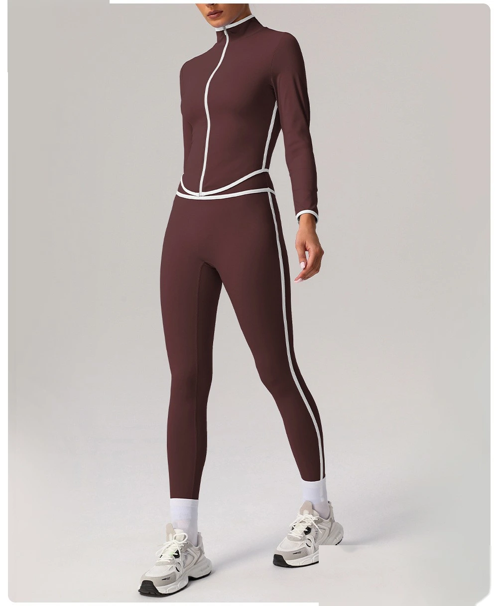 Customized contrast sports yoga coat stand collar long sleeve coat outdoor fitness clothes top detail