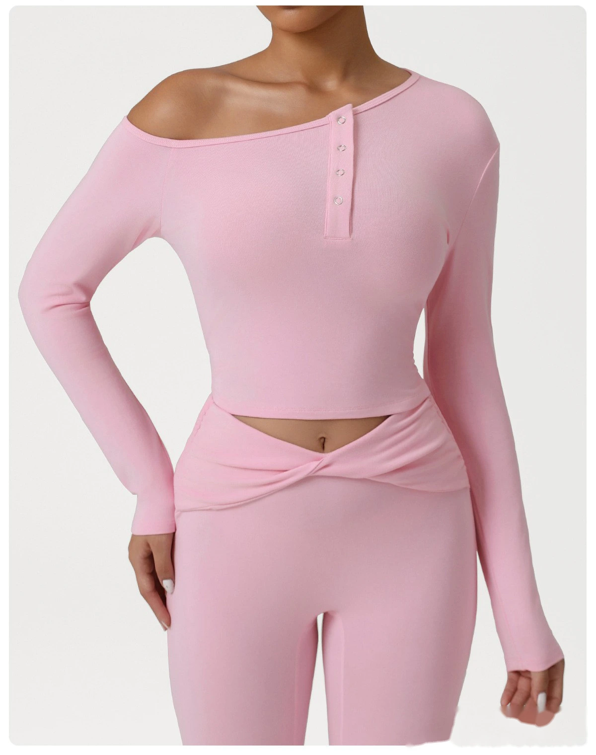 Customized diagonal shoulder sports bottoming shirt for women's slim and slim yoga long sleeve T-shirt detail