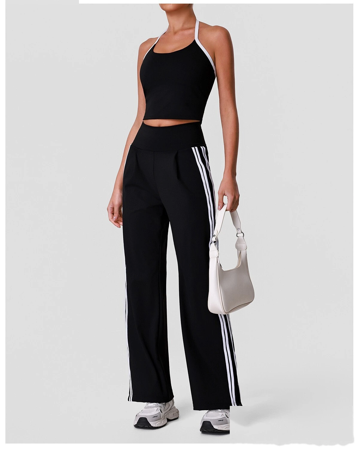 Halter Padded Sports Vest & Color Block Striped Wide Leg Pants Set for Women, Fitness Running Workout Suit detail