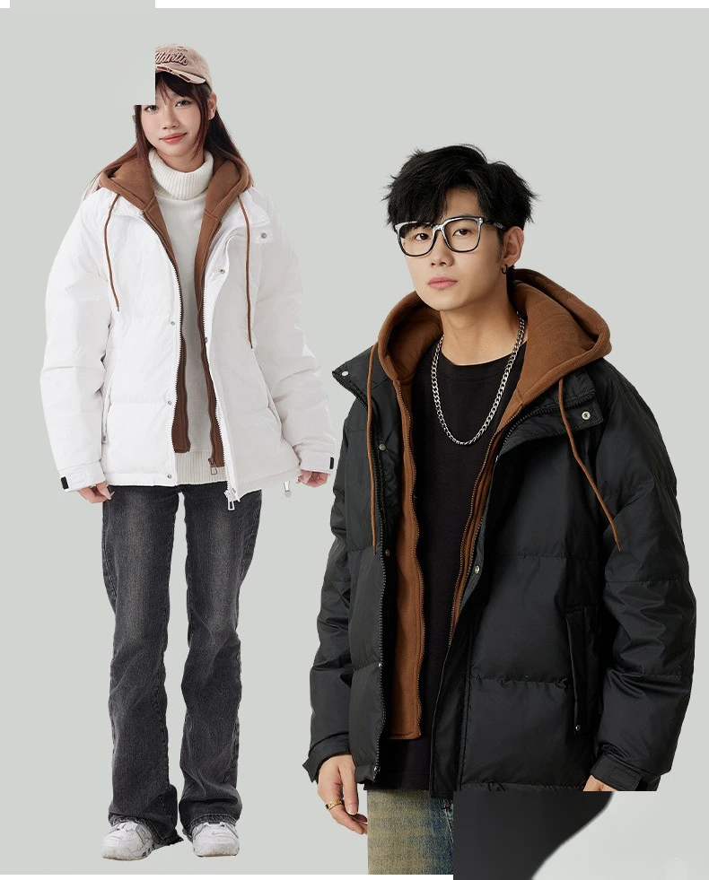 Custom hooded down jacket men's winter new trend fake two windproof warm couple coat. detail