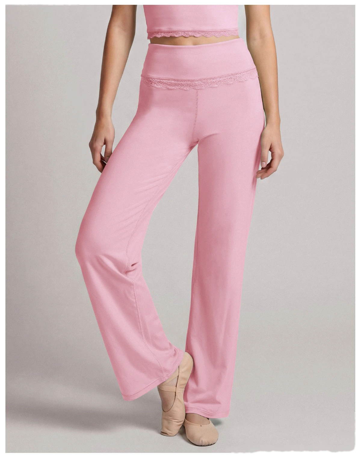 Custom 2 Piece Yoga Set, Lace Spliced Top & Straight Wide Leg Pants, Soft Stretch Activewear Outfit for Dance Training detail