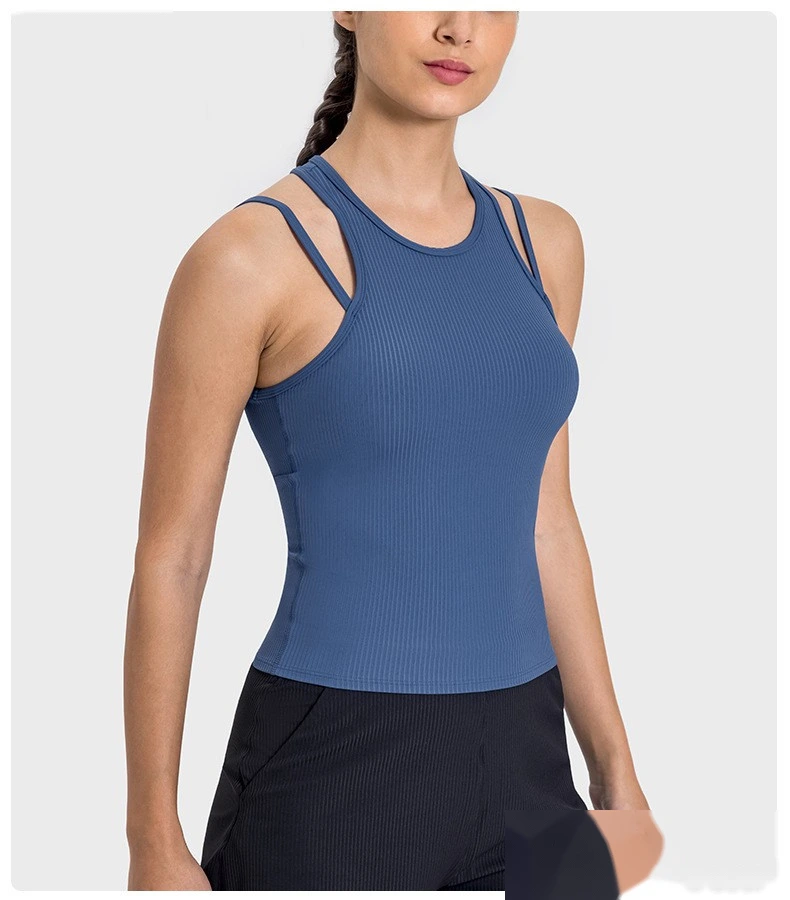 Customized rib new breathable I-shaped back yoga vest with chest pad female fitness bra top detail