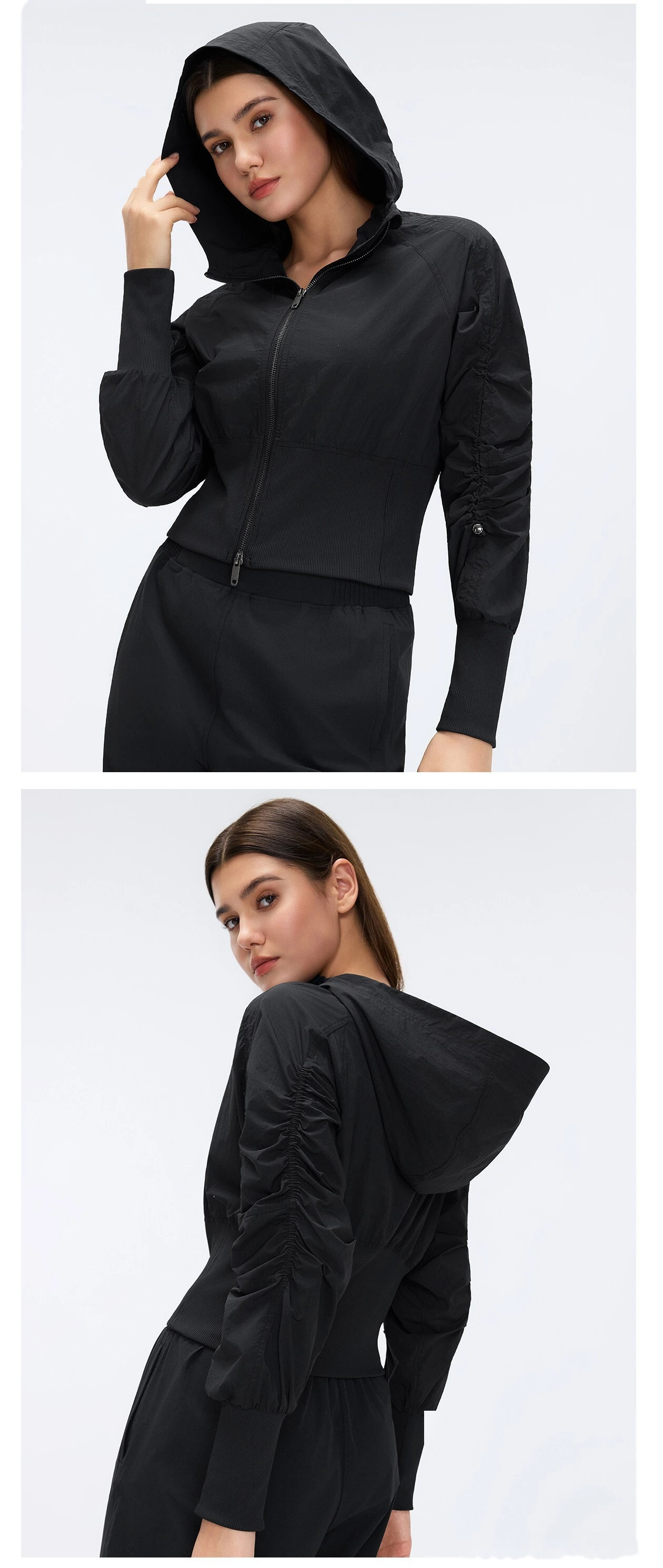 Bulk Custom Cropped Windproof Jacket - Women's Ruched Waist Slimming Hooded Zip-Up Casual Coat detail