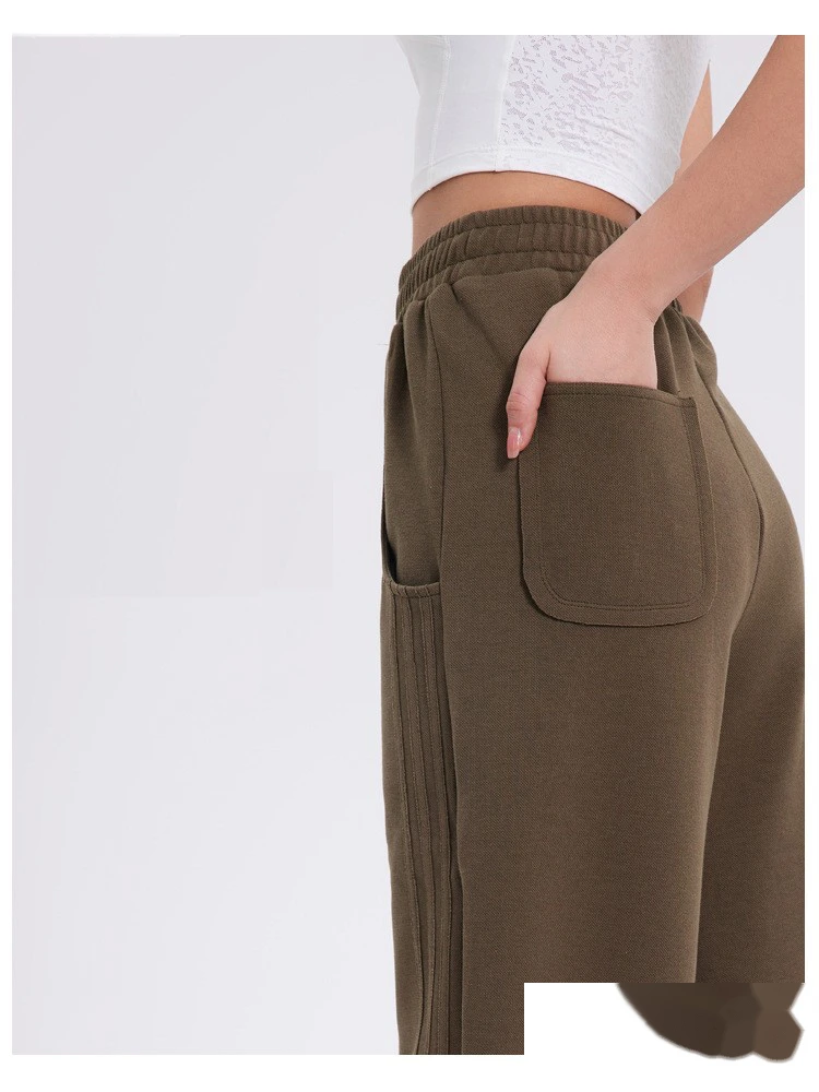 Custom autumn and winter sports pants women's classic three-bar padded high waist casual straight pants detail