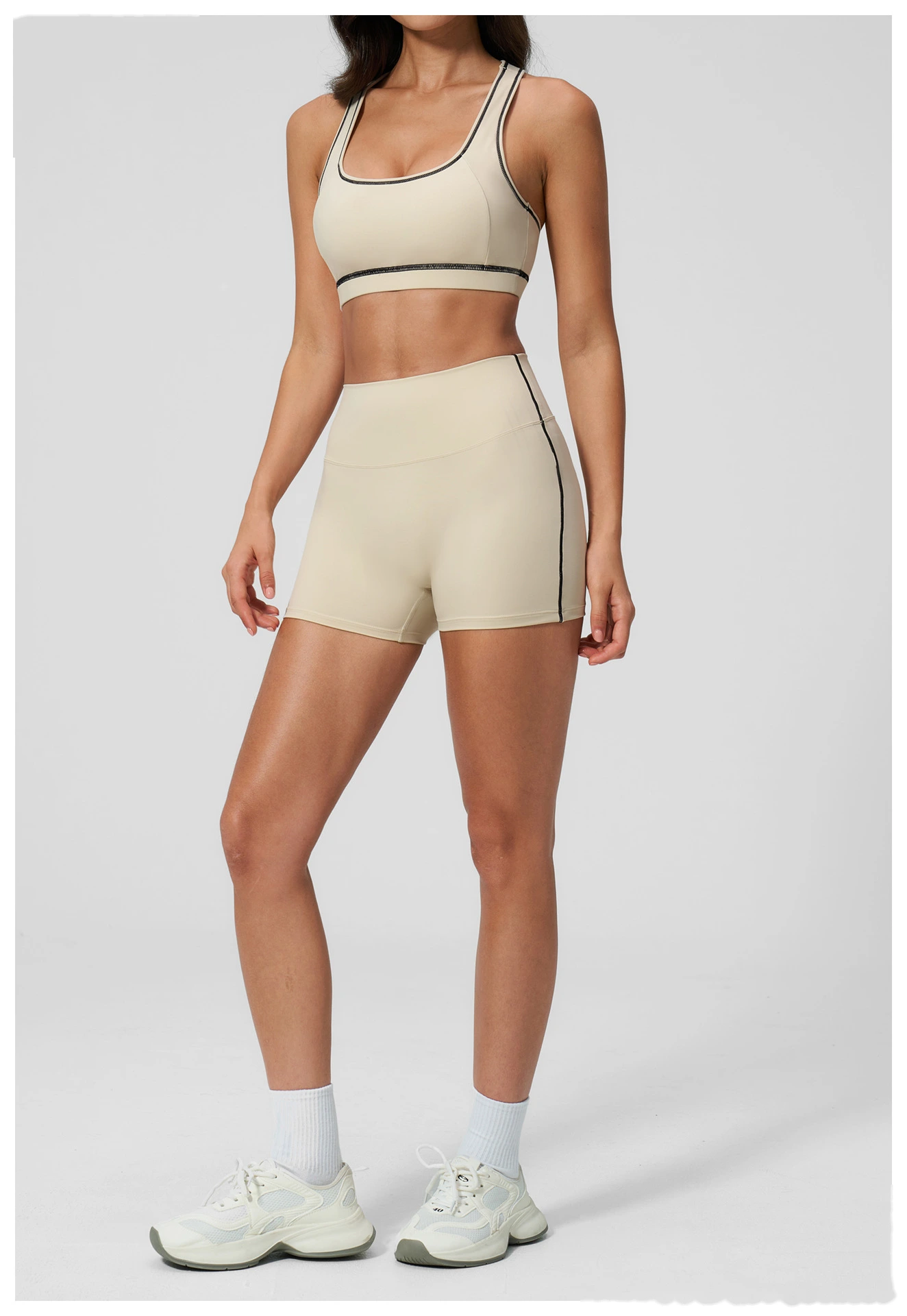 European American Style Color Block Yoga Bra & Hip Lifting Shorts Set, Women 2 Piece Fitness Activewear detail