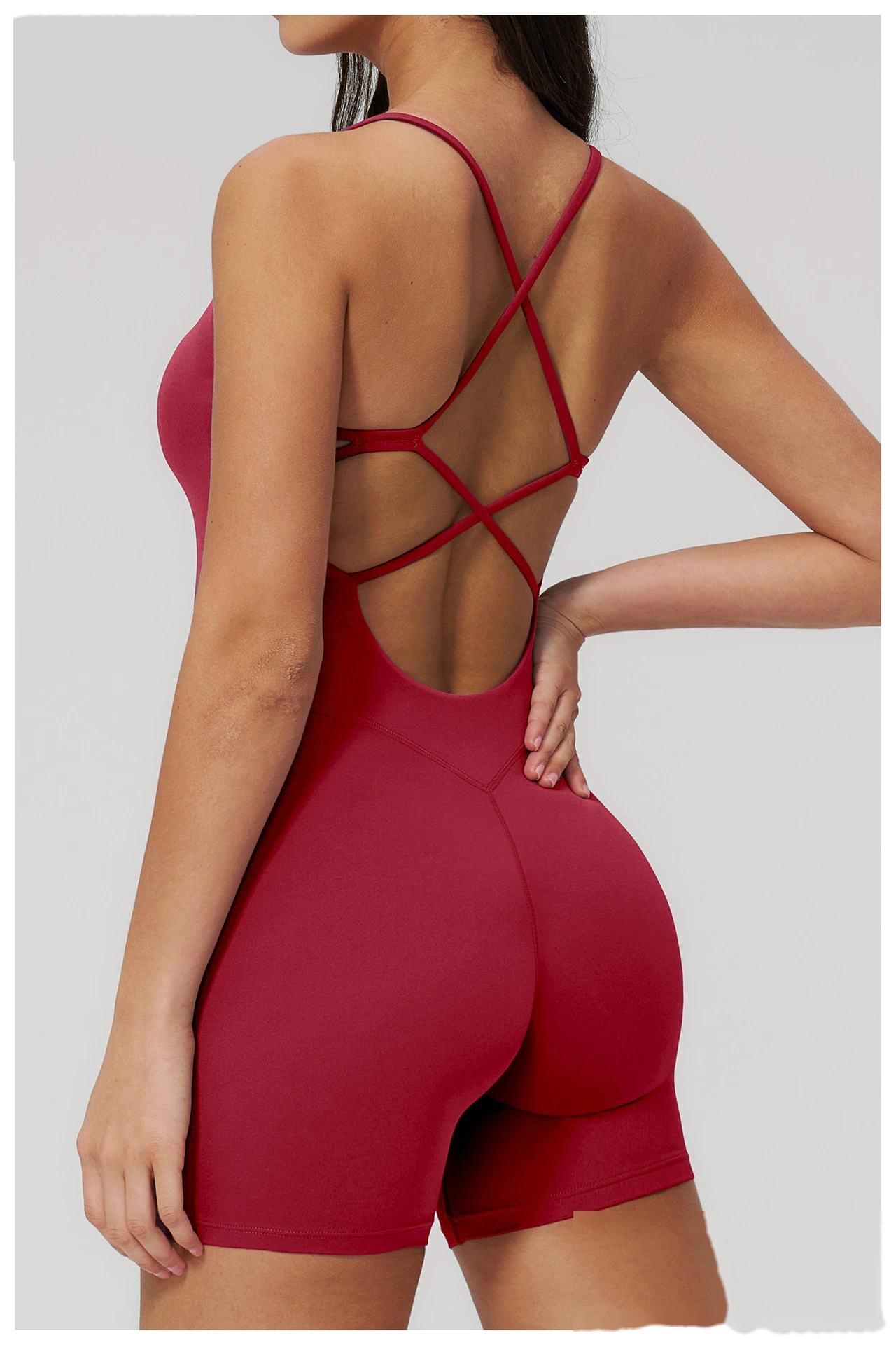 Backless Ruched Flared Leg Yoga Jumpsuit, Custom Butt Lifting Slim Fitness Dance One Piece Sports Wear detail