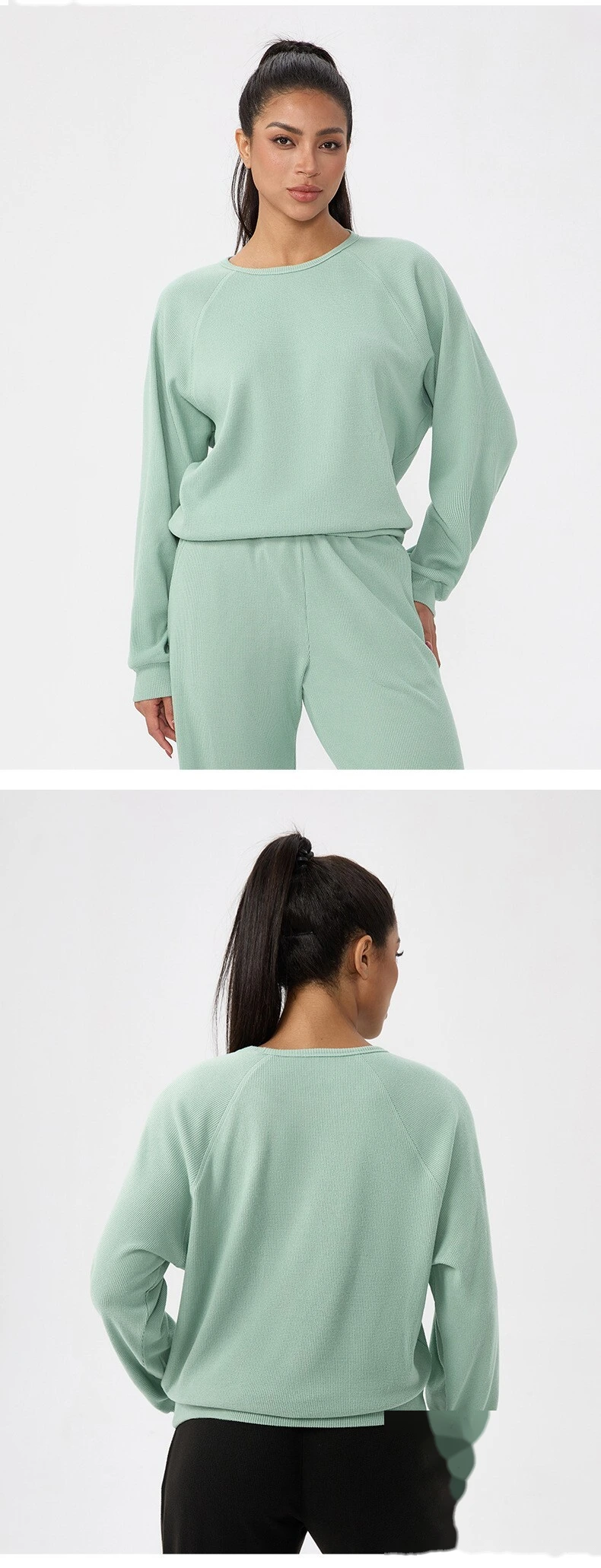 Autumn Winter Custom Waffle Crewneck Long-Sleeve Tee - Solid, Loose-Fit Sports Shirt for Running & Working Out detail