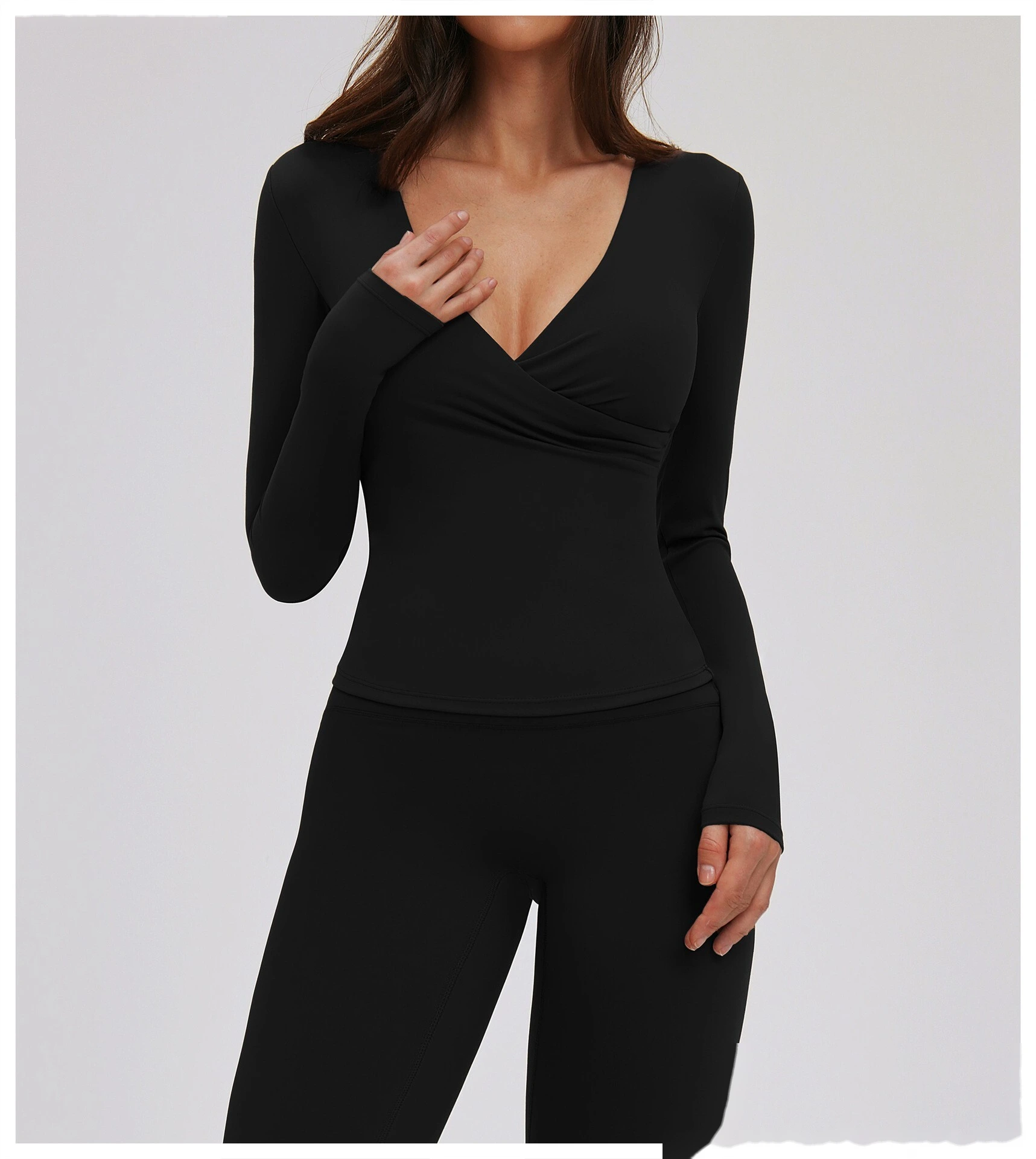Custom Yoga Long Sleeve Top - Women's V-Neck Pilates Workout Shirt for Running & Fitness detail