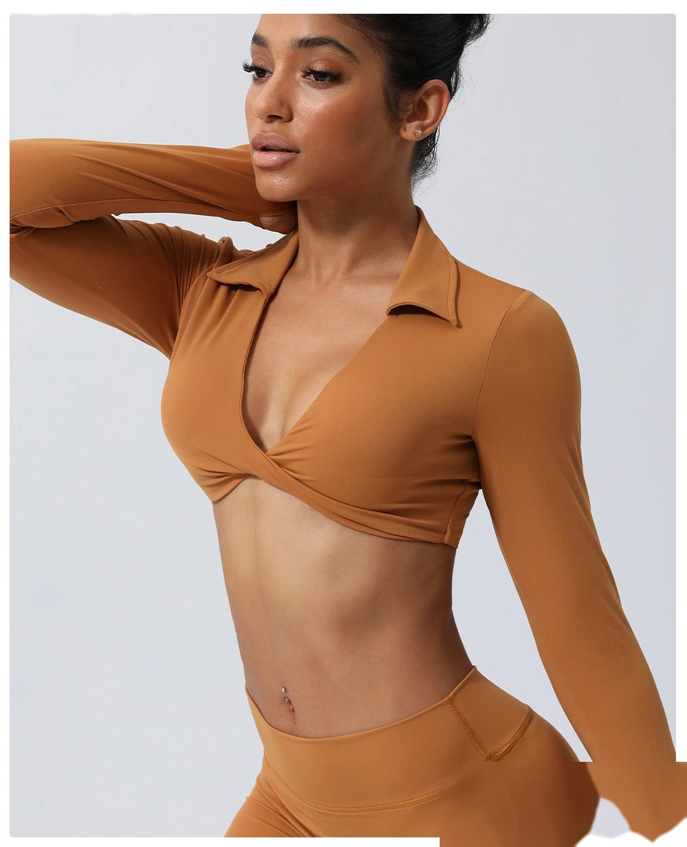 Custom-made nude lapel twisted sports shirt sexy navel yoga clothes long sleeve T-shirt detail
