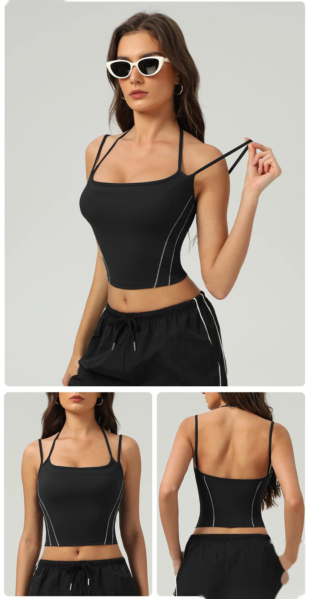 Customized nude contrast top tight waist outdoor sports bra women's thin shoulder strap vest suspender bra detail