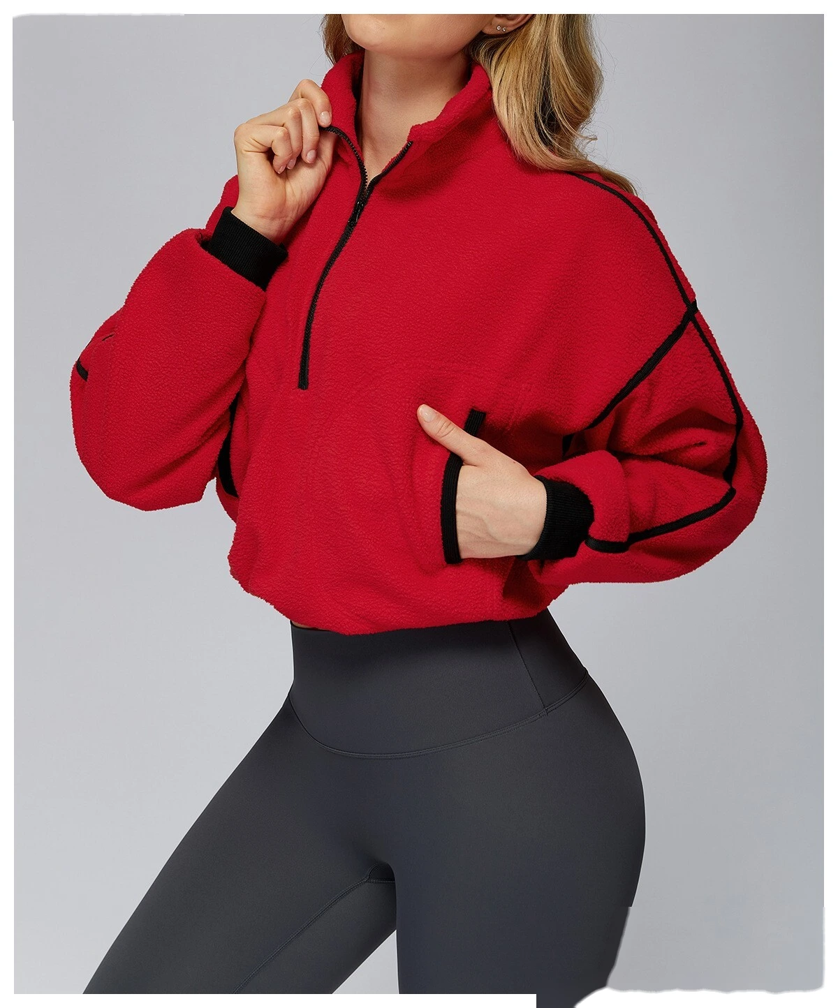 Customized autumn and winter stand-up collar windproof and warm polar fleece coat women's cashmere sports sweater detail