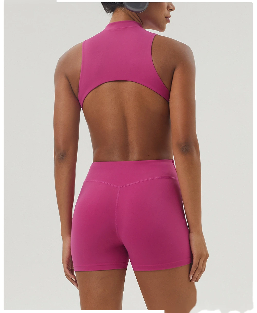 Customized sexy yoga jumpsuit shaping slim zipper stand collar sports jumpsuit shorts fitness suit detail