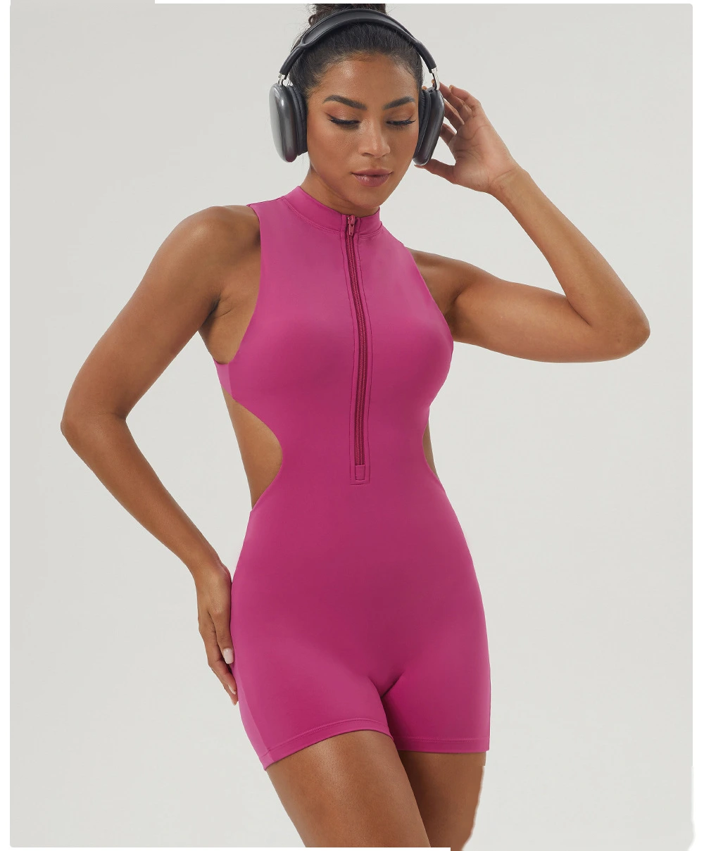 Customized sexy yoga jumpsuit shaping slim zipper stand collar sports jumpsuit shorts fitness suit detail