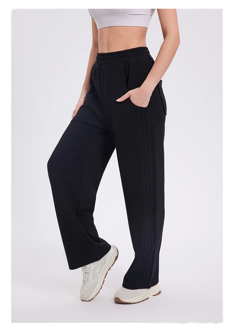 Custom autumn and winter sports pants women's classic three-bar padded high waist casual straight pants detail