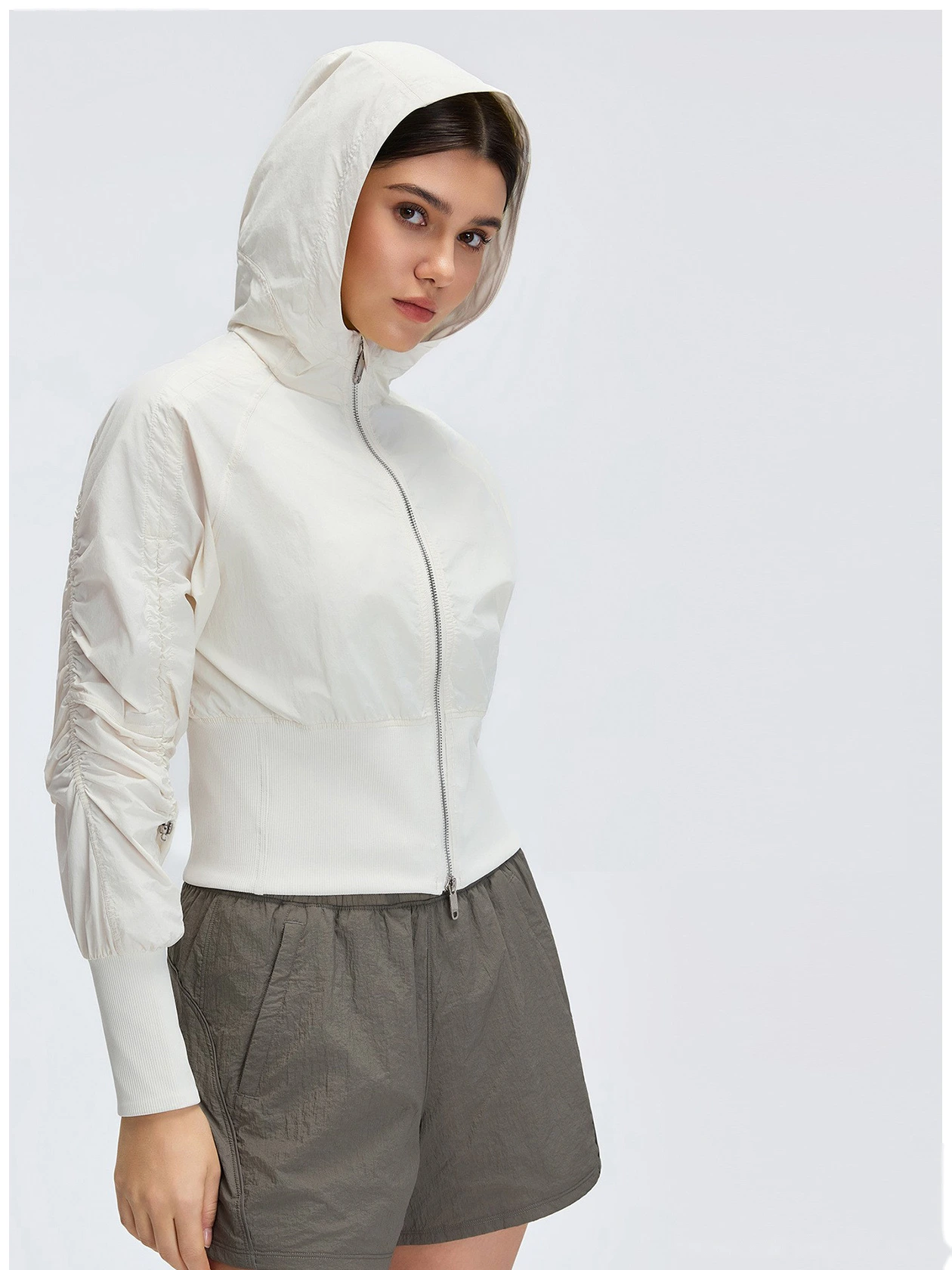 Bulk Custom Cropped Windproof Jacket - Women's Ruched Waist Slimming Hooded Zip-Up Casual Coat detail