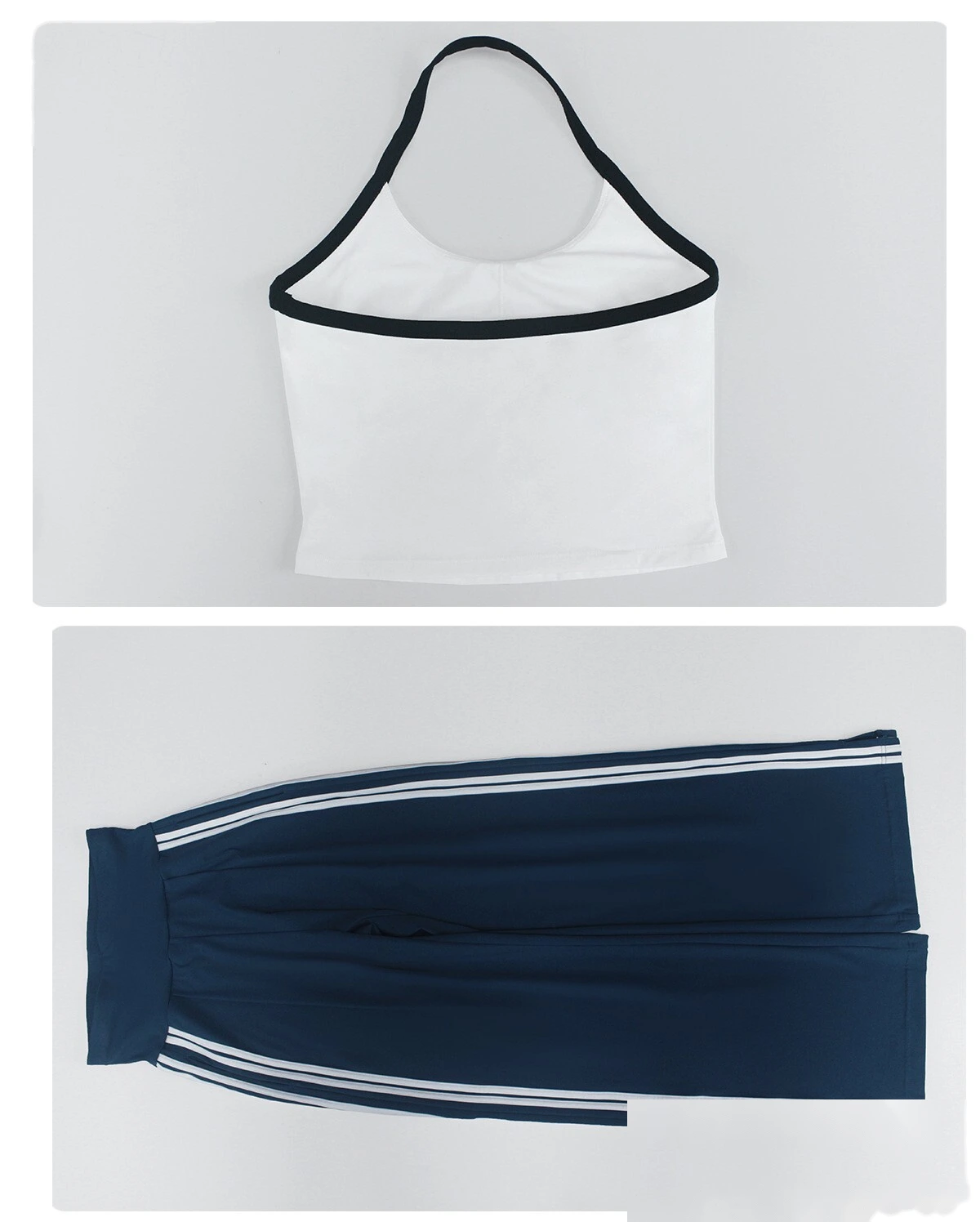 Halter Padded Sports Vest & Color Block Striped Wide Leg Pants Set for Women, Fitness Running Workout Suit detail