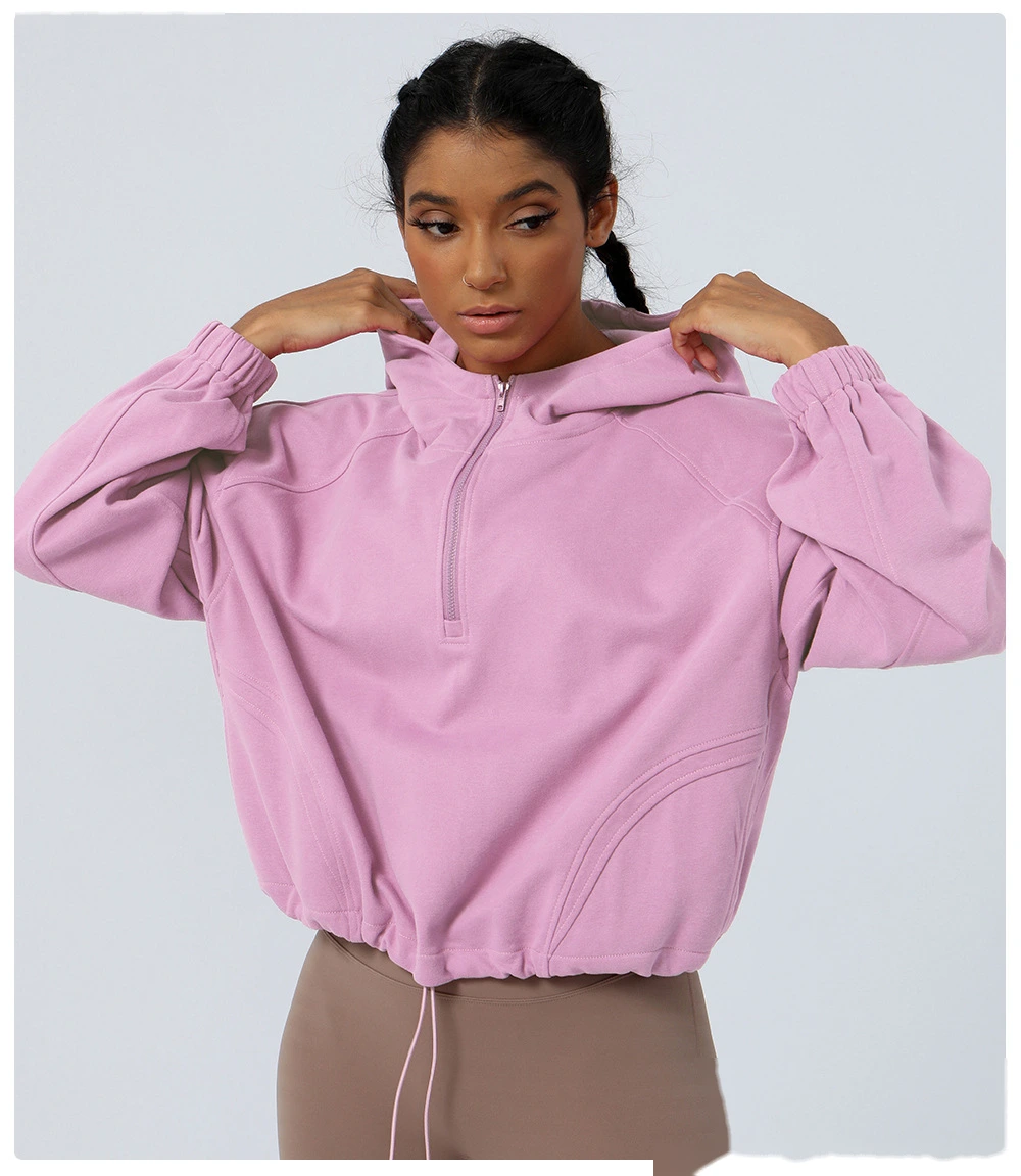 Custom hooded zipper loose yoga fitness jacket women's outdoor running coat long sleeve sweater detail