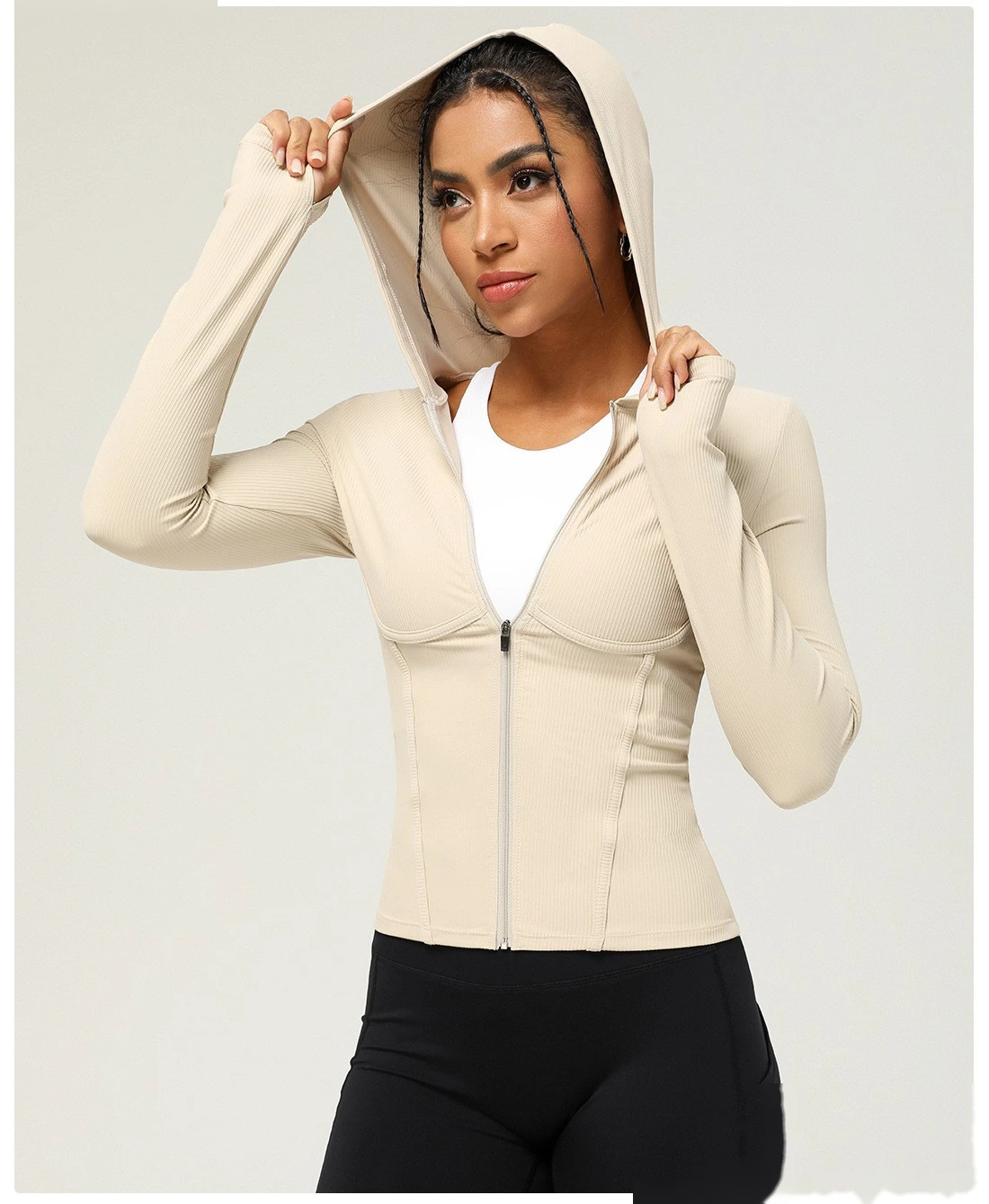 Custom slim hooded sports coat long sleeve autumn and winter yoga coat leisure sports coat women detail