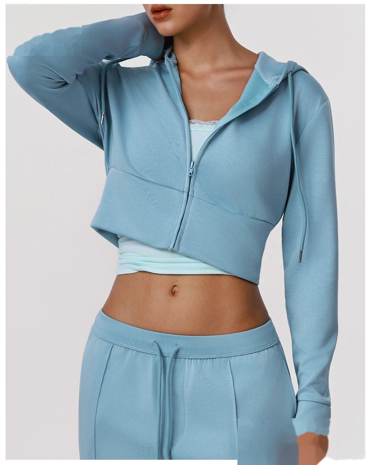 Women's Fall Winter Sports Tracksuit - Customizable Cropped Waist Hooded Jacket + Casual Outdoor Workout Set detail