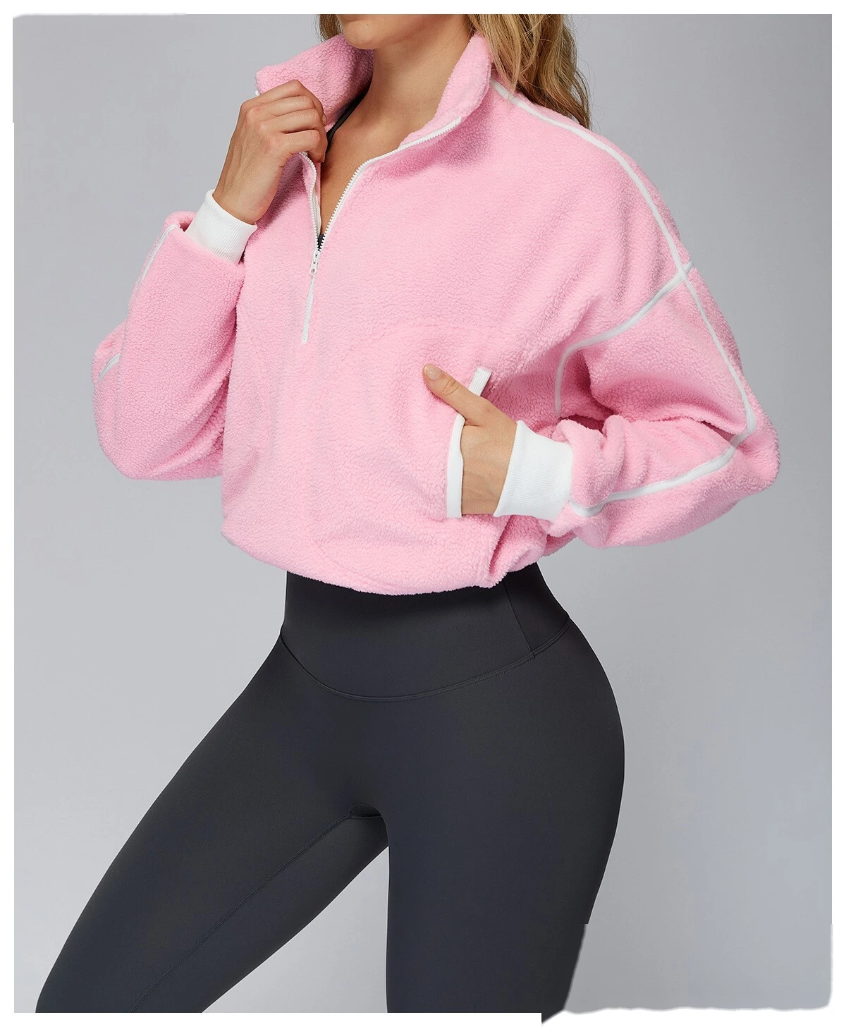 Customized autumn and winter stand-up collar windproof and warm polar fleece coat women's cashmere sports sweater detail