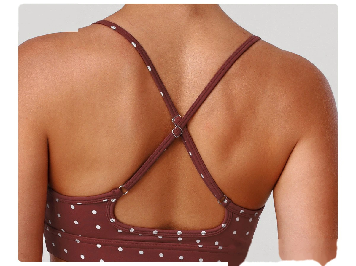 Women's US/EU Thin Strap Yoga Bra - Customizable Silver Hot-Stamped Polka Dot Shockproof High-Elastic Fitness Bra detail