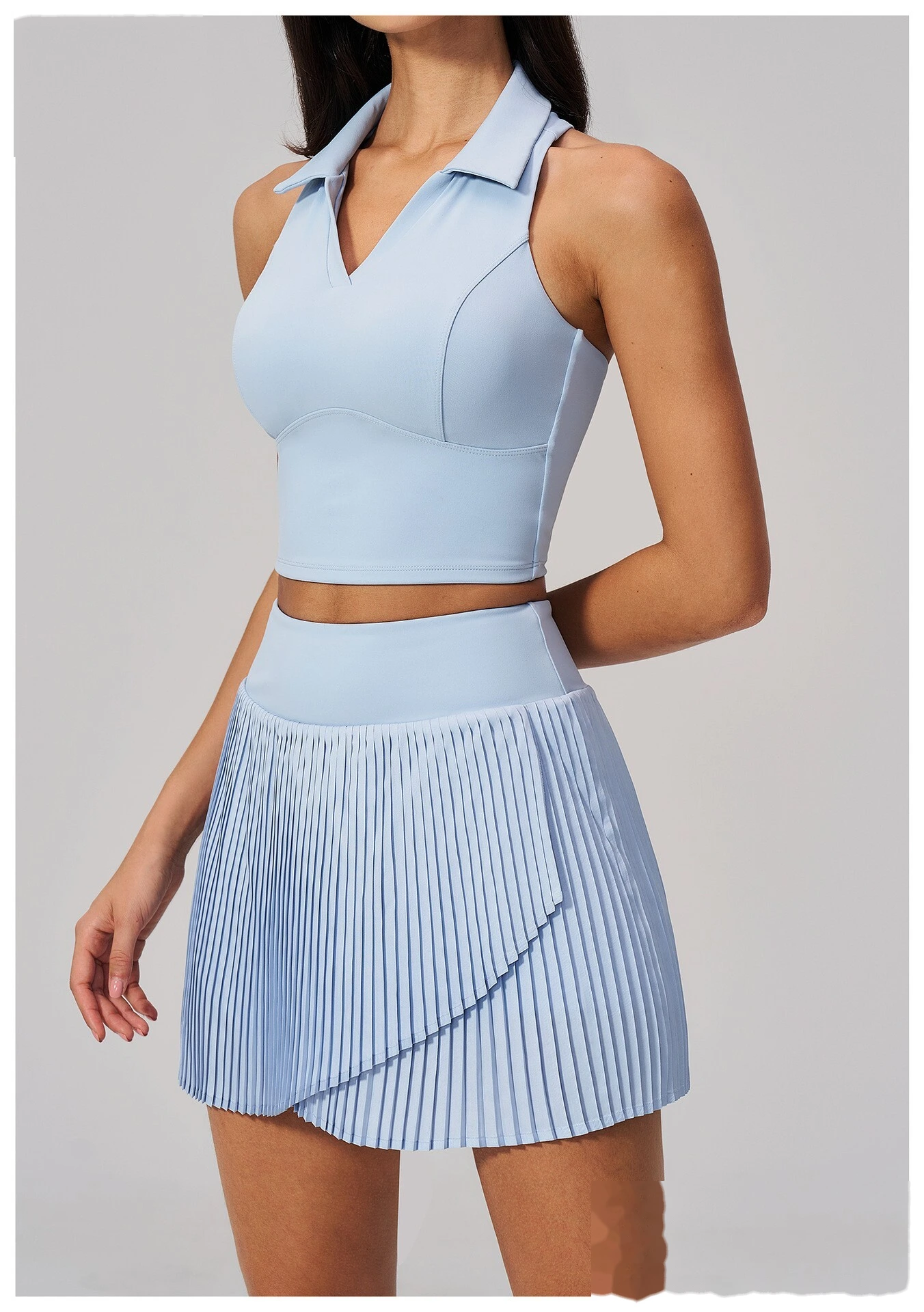 Custom Logo Two Piece Tennis Tracksuit, Cropped Sleeveless Polo Shirt, Moisture Wicking Sportswear for Daily Exercise detail
