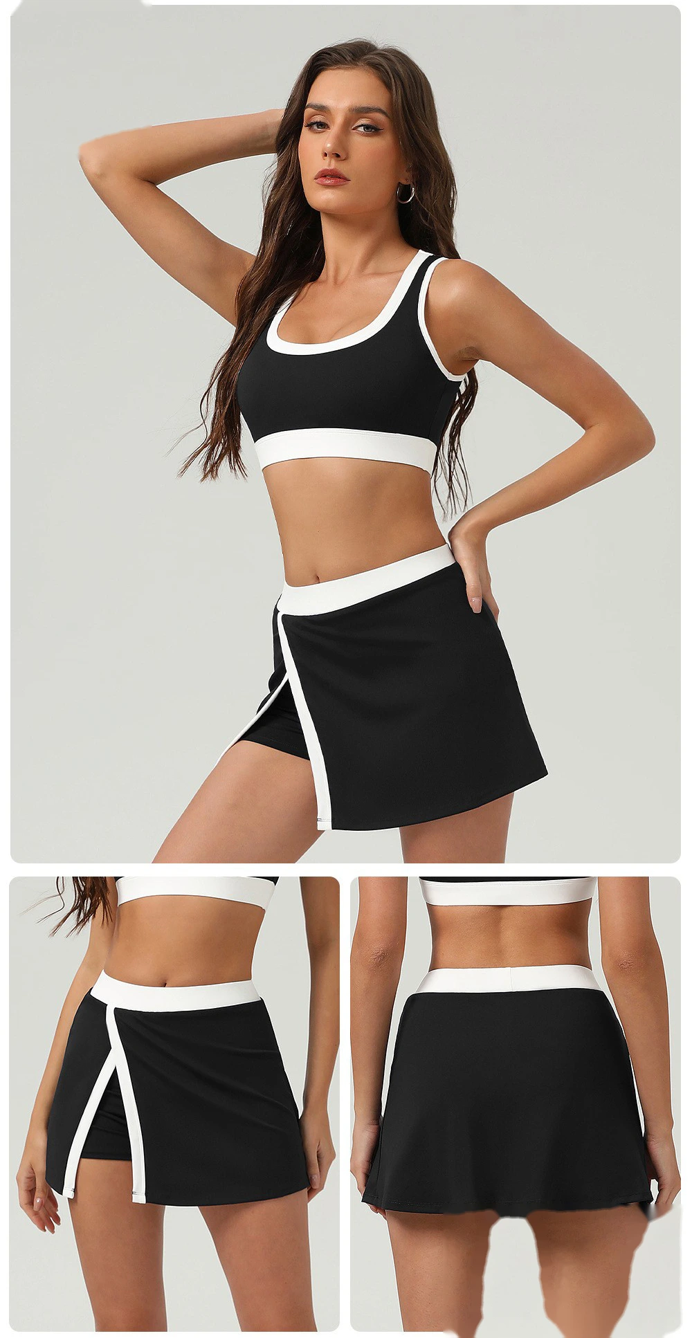 Contrast-color quick-drying tennis skirt, outdoor sports, slit opening and light exposure prevention detail