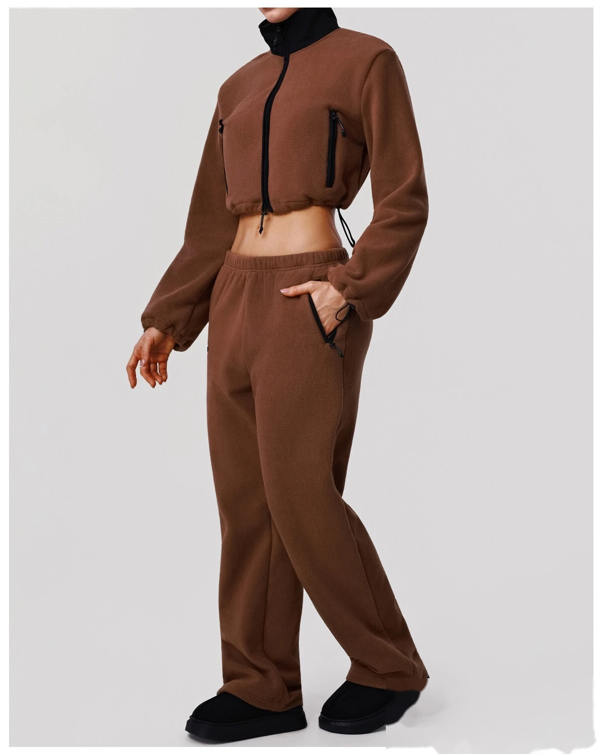 Custom Fleece Lounge Set - Women's Winter Warm Stand Collar Jacket & Wide-Leg Pants Sports Suit detail