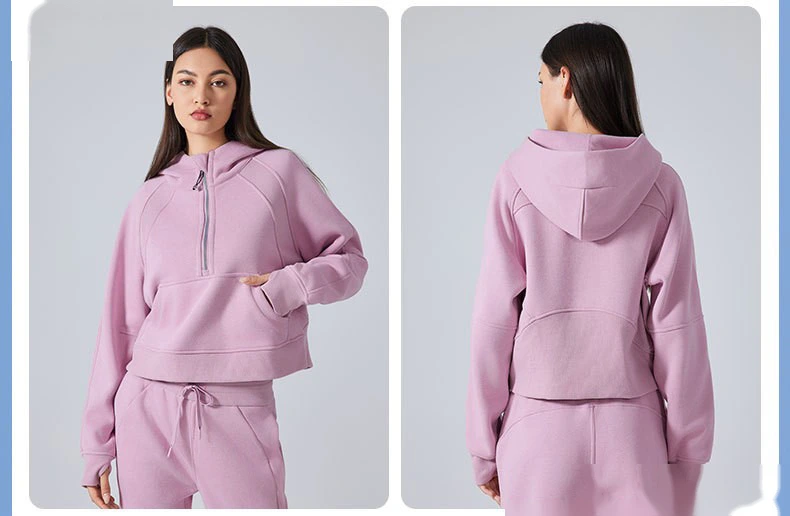 Customized autumn and winter cashmere warm hooded sweater outdoor fitness loose sports top women detail