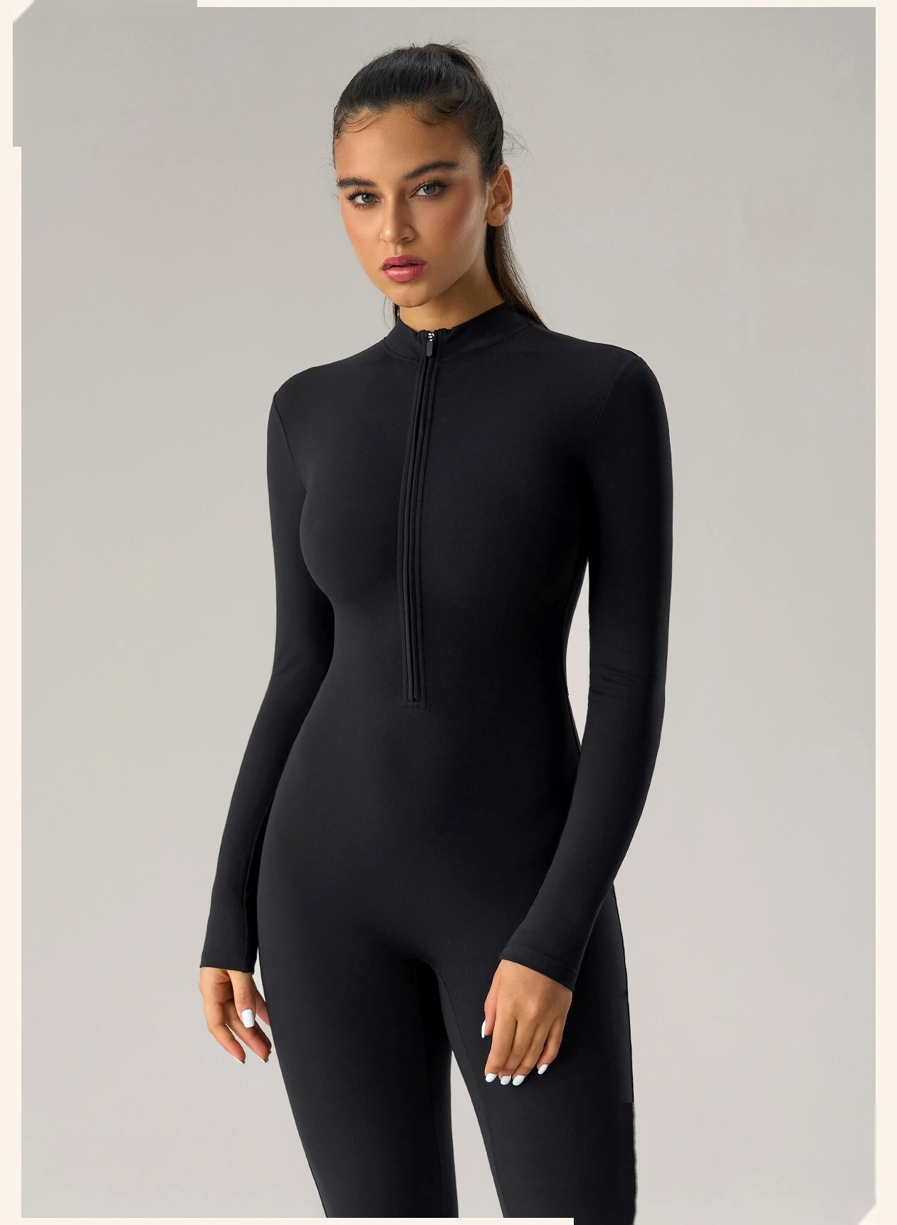 Women’s High Stretch Long Sleeve Half Zip Fitness Jumpsuit Slim Fit Butt Lifting Yoga Workout Bodysuit detail