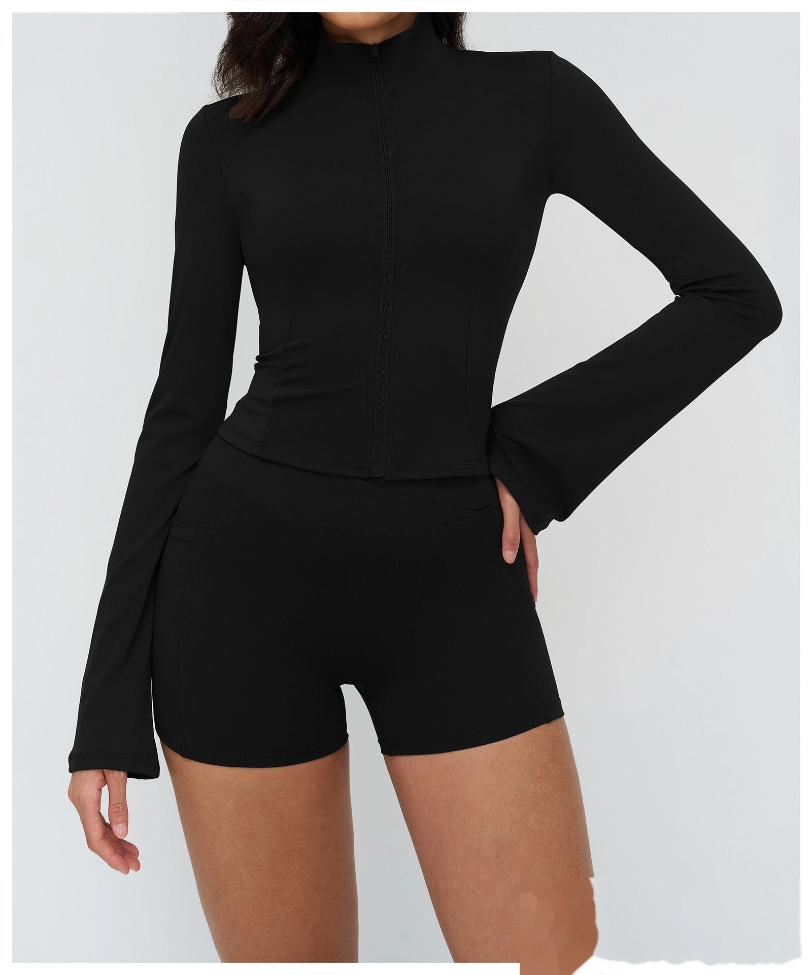 Custom Stand Collar Zip-Up Flare Sleeve Jacket - Outdoor Yoga Running Sports Coat detail