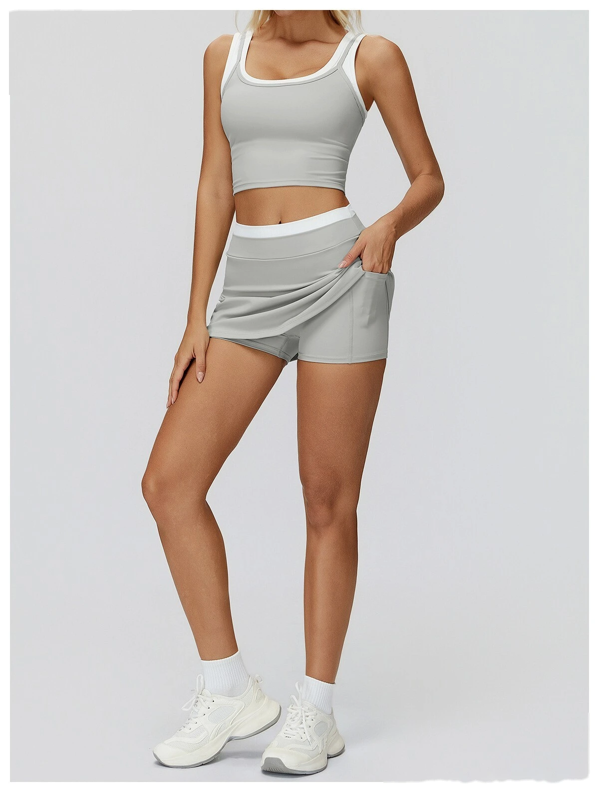 Customizable Naked-Feel Athletic Skirt | Women's Contrast High-Waist Ribbed, Fake Two-Piece, Anti-Slip detail