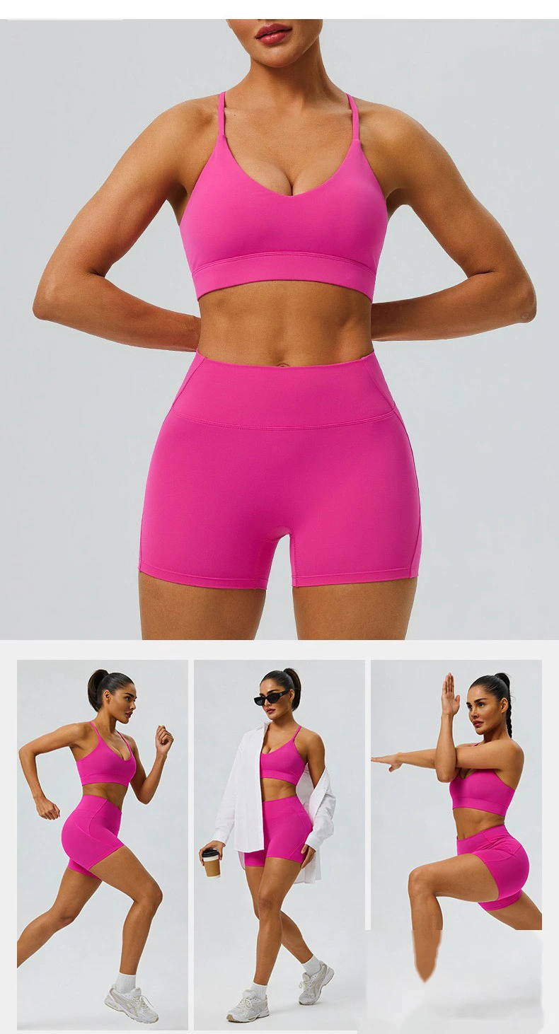 Custom Women’s Breathable Quick Dry Active Set Beauty Back Sports Bra High Waist Gym Shorts Fitness 2 Piece Outfit detail