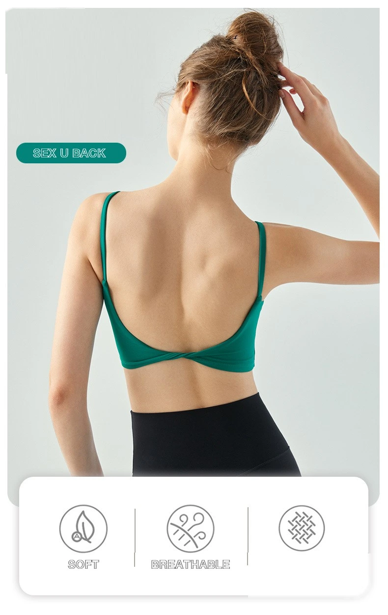 Women U neck spaghetti strap padded crop vest running fitness sports bra detail