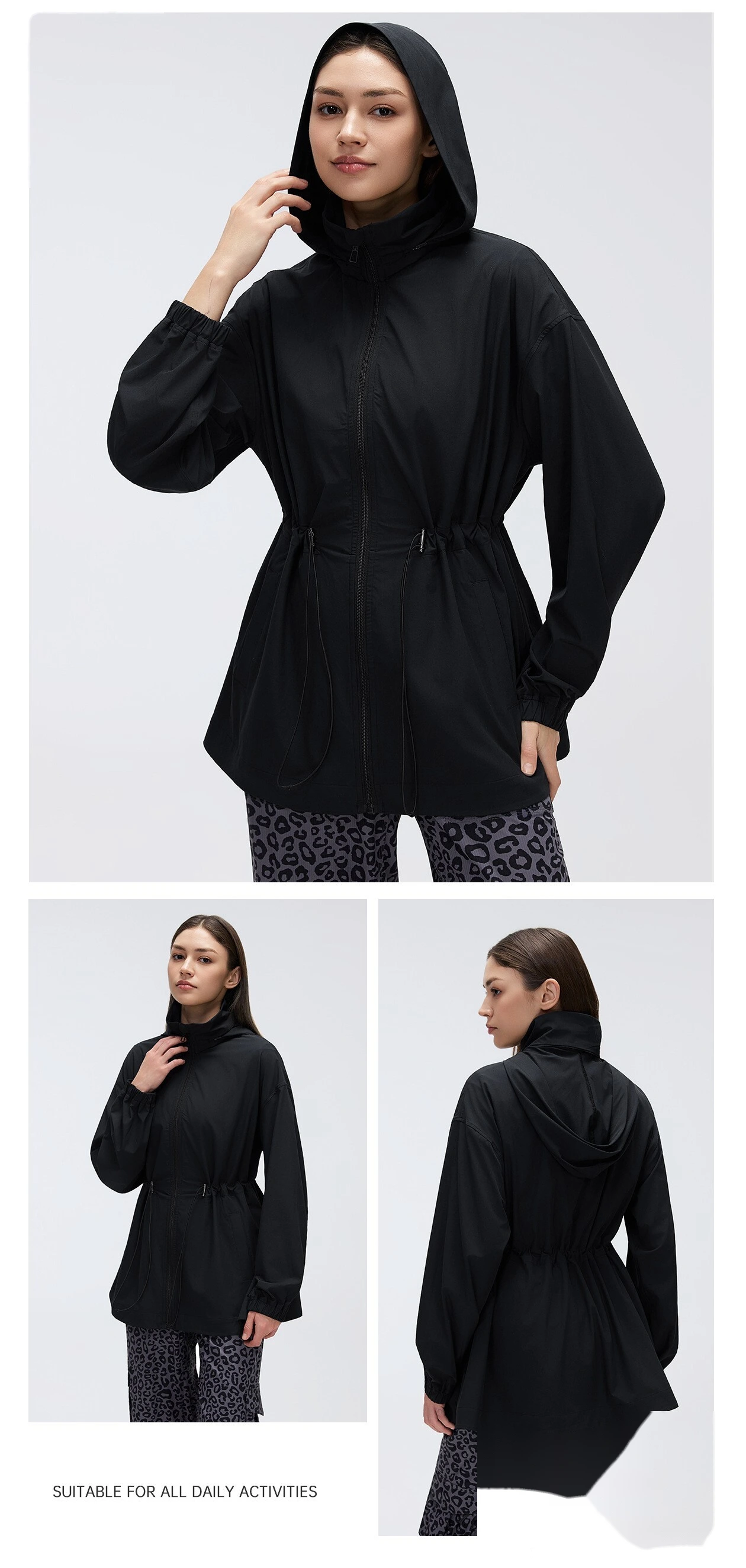 Women’s Custom Packable Hooded Stand Collar Sports Jacket Drawstring Waist Slim Fit Mid Length Zip Up Jacket detail