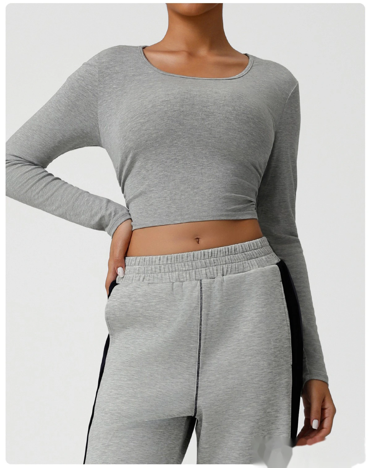 Custom-made threaded short yoga clothes female umbilical slim running autumn sports long sleeve T-shirt top. detail