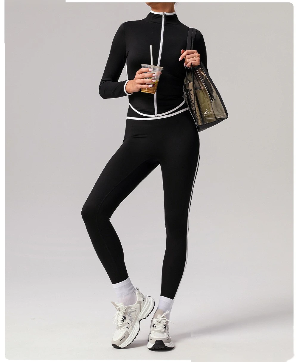 Customized contrast sports yoga coat stand collar long sleeve coat outdoor fitness clothes top detail