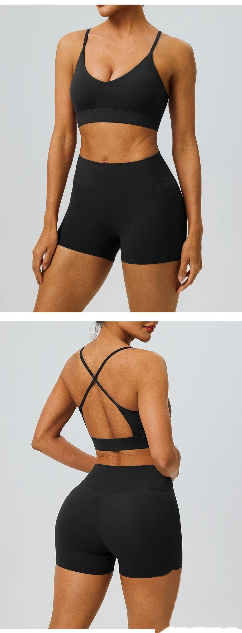 Custom Women’s Breathable Quick Dry Active Set Beauty Back Sports Bra High Waist Gym Shorts Fitness 2 Piece Outfit detail