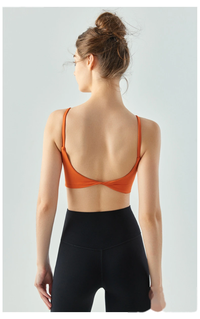 Women U neck spaghetti strap padded crop vest running fitness sports bra detail