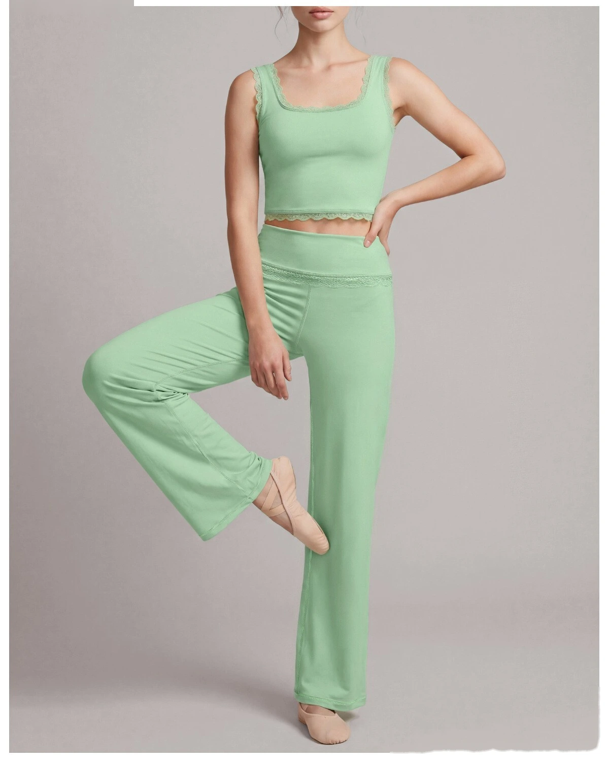 Custom 2 Piece Yoga Set, Lace Spliced Top & Straight Wide Leg Pants, Soft Stretch Activewear Outfit for Dance Training detail