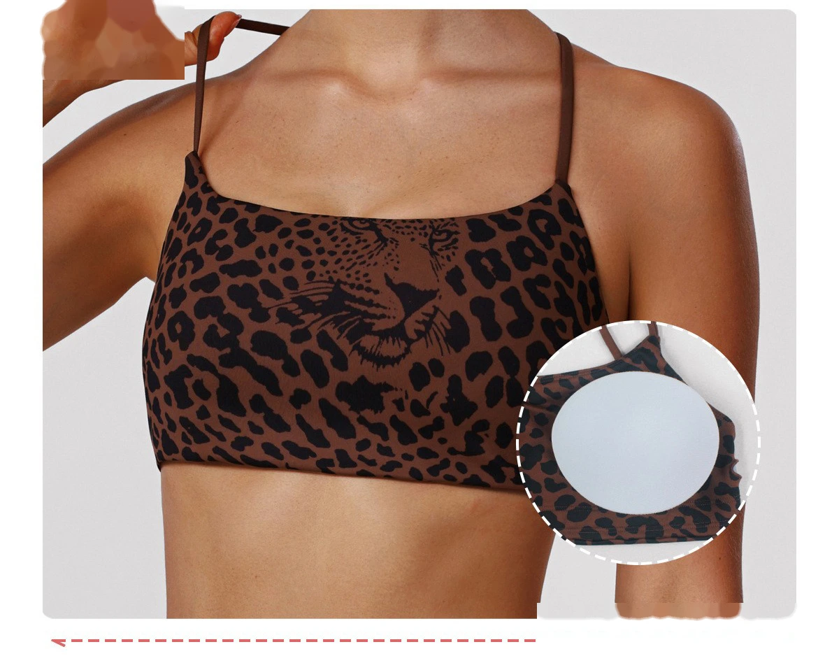 Bulk Custom Padded Leopard Sports Bra - Thin-Strap Criss-Cross Back High-Support Workout Yoga Bra detail