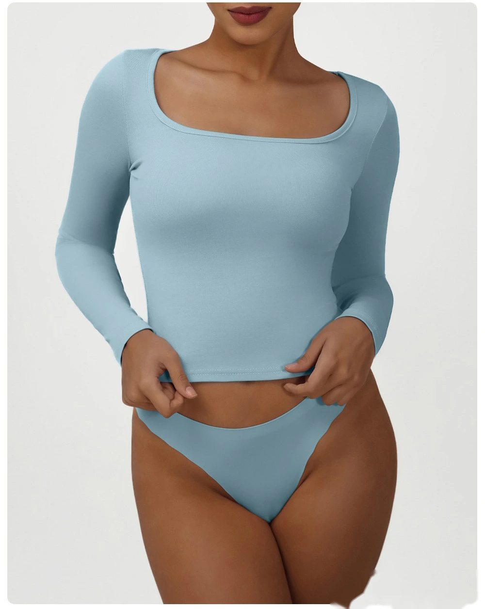 Customized high elastic tight T-shirt casual square collar sexy solid color long sleeve yoga sports shirt detail