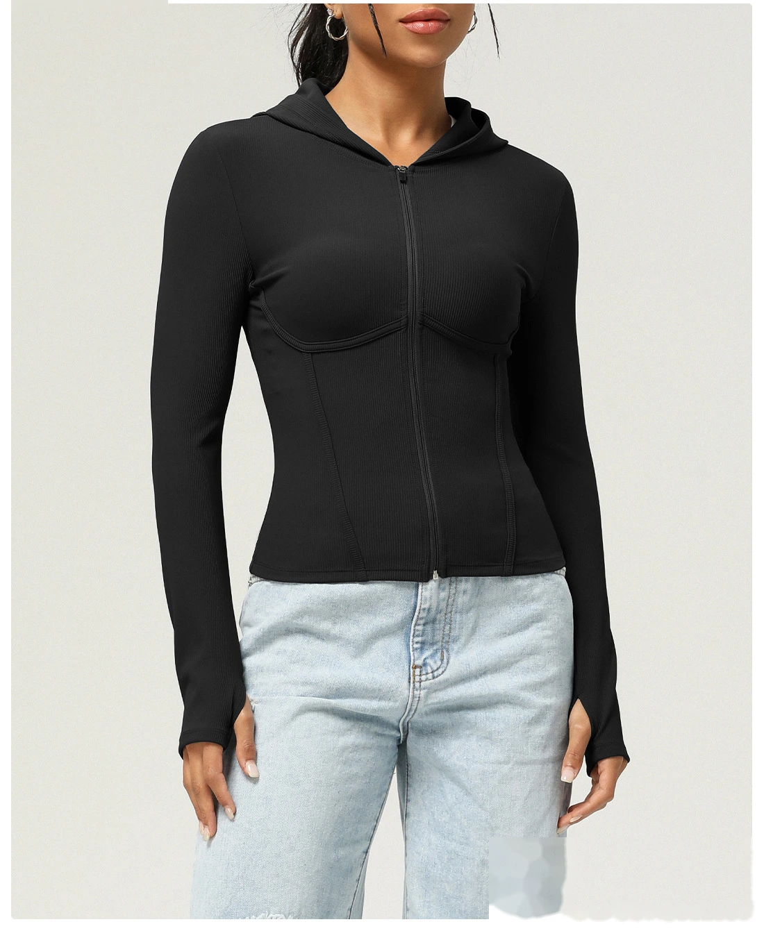 Custom slim hooded sports coat long sleeve autumn and winter yoga coat leisure sports coat women detail