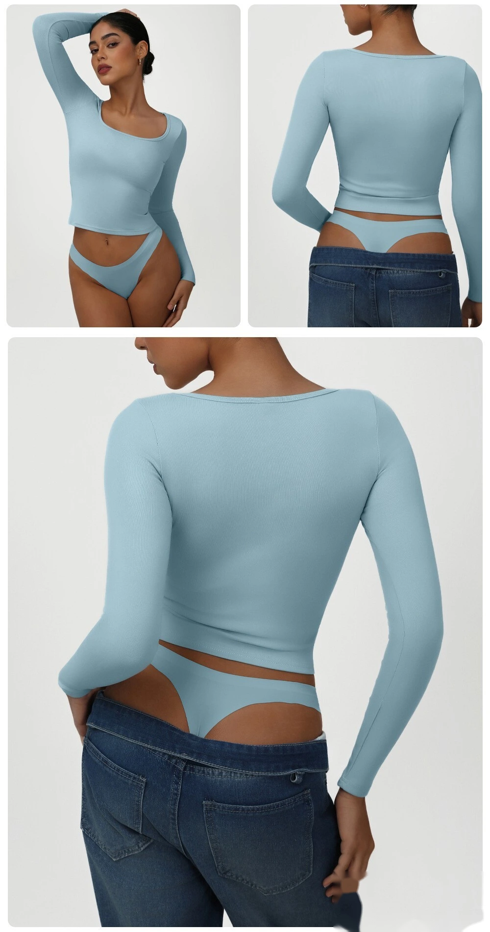 Customized high elastic tight T-shirt casual square collar sexy solid color long sleeve yoga sports shirt detail