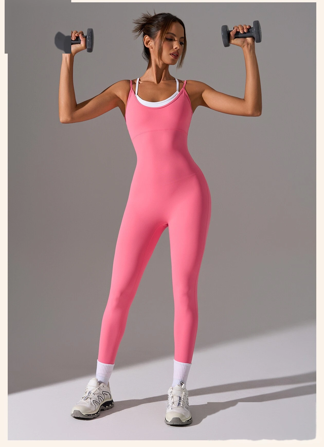 Custom Women’s Fake Two Piece Design Yoga Bodysuit Sexy Beauty Back Slim Fit Workout Jumpsuit detail