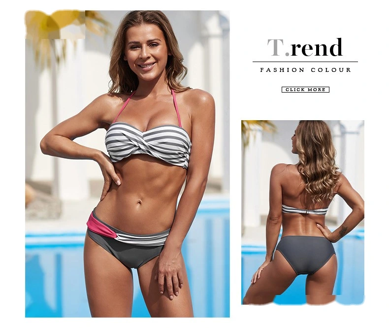 Womens bikini swimsuit stripe halter two-piece bathing suits detail